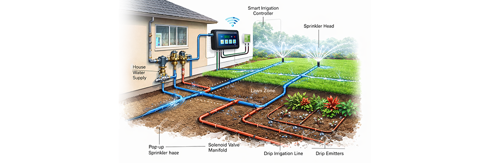 Diagram showing how a home irrigation system works, with sprinkler heads, drip lines, and a smart controller — AlphaZeta