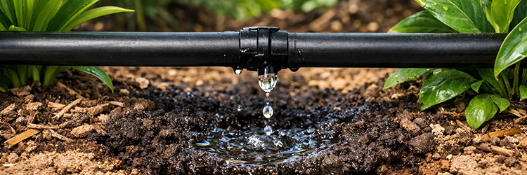 Close-up of a drip irrigation emitter slowly releasing water droplets directly into the soil at the base of garden plants