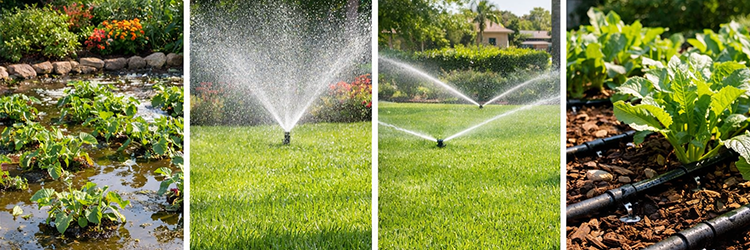 Comparison of main irrigation methods including flood, spray, rotary sprinkler, and drip irrigation used in South Florida lawn and garden landscapes