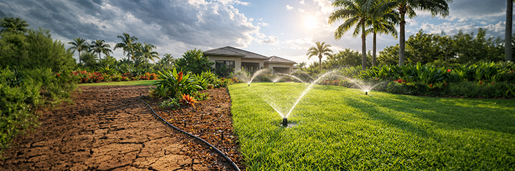 Side-by-side of dry cracked soil and a green irrigated lawn with sprinklers in Palm City, Florida — AlphaZeta