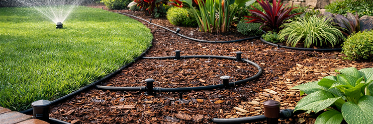 Drip irrigation lines and sprinkler system delivering precise water coverage across a Palm City landscape bed and lawn - Alpha Zeta Landscaping