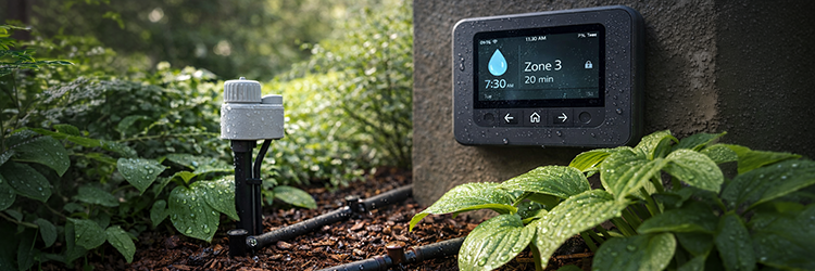 Smart irrigation controller displaying zone schedule alongside a rain sensor, helping Palm City homeowners conserve water automatically - Alpha Zeta Landscaping
