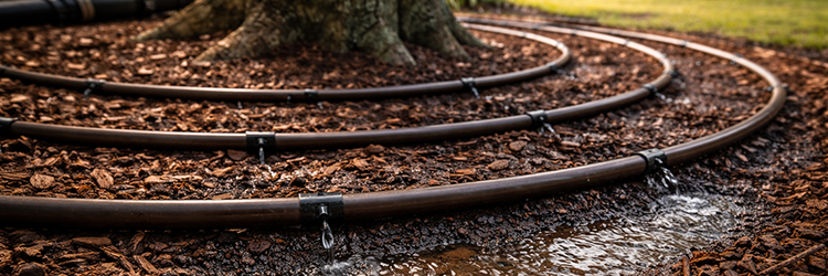 Concentric drip irrigation tubing rings actively releasing water around a tree base with bark mulch ground cover