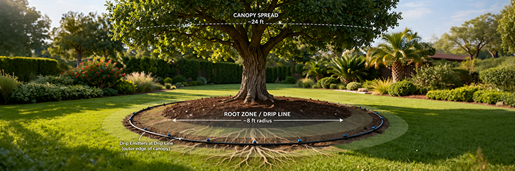 Diagram showing drip emitter placement at the root zone drip line of a mature tree with 24ft canopy spread and 8ft radius
