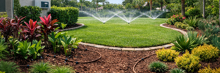 Smart irrigation system combining drip lines for tropical shrub borders and pop-up sprinklers for a manicured lawn in a South Florida residential landscape