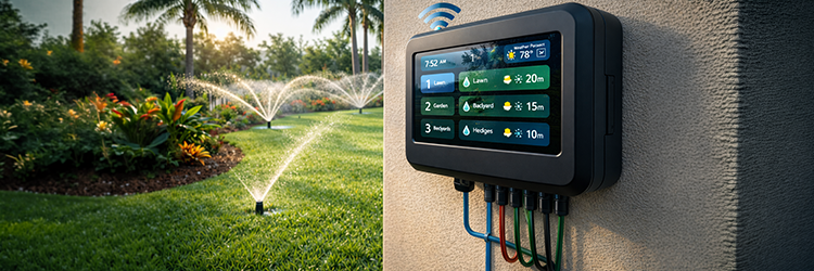 Smart irrigation controller on a wall with a Florida lawn and sprinklers in the background — AlphaZeta