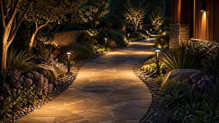 Bollard path lights lining a stone walkway through a garden at night