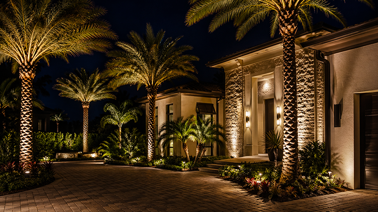 Dramatic landscape lighting illuminating a luxury home entrance with palms and garden beds after dark