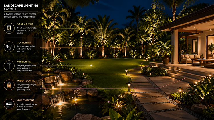 Landscape lighting layout diagram of a luxury backyard at night, labeling flood, spot, path, ambient, and accent lighting layers across a tropical outdoor space