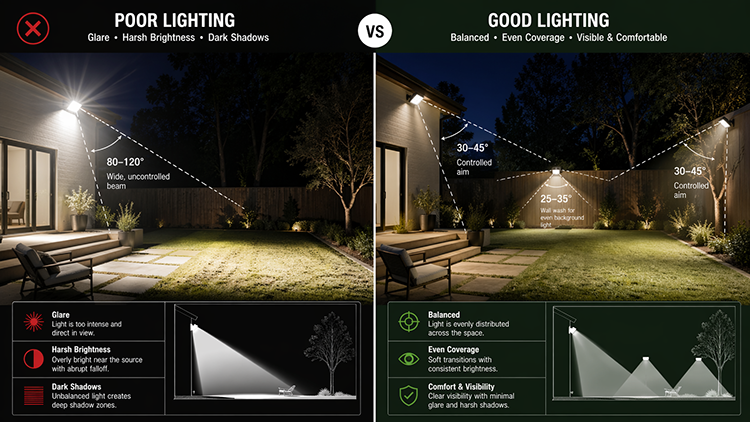 Side-by-side backyard lighting guide contrasting wide uncontrolled 80-120° beams causing dark shadows against controlled 30-45° flood light angles achieving balanced, even outdoor coverage