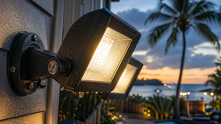 Close-up of a weatherproof outdoor flood light mounted on a house wall at dusk, with a warm glowing bulb and a tropical coastal Florida backyard in the background