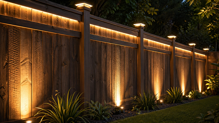 Backyard fence flood lighting with dual-layer post cap and uplight fixtures casting warm amber glow on wood panels and garden plants