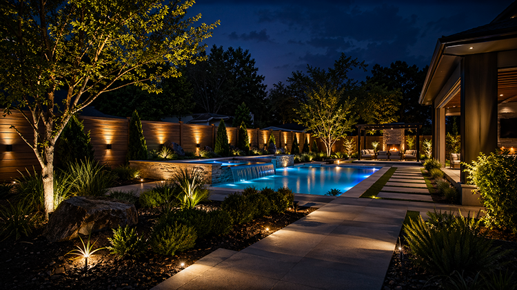 Professionally designed backyard at night with layered flood lighting across a wood fence, illuminated pool, uplighted trees, and garden path spotlights showcasing expert landscape lighting results