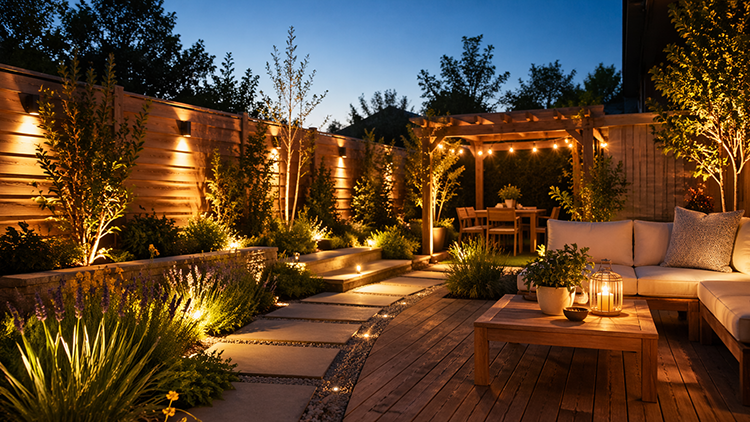 Warm amber and soft white outdoor flood lighting across a wood fence, landscaped garden, and deck seating area showing best color temperature choices for backyard spaces