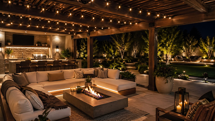 Covered patio with string lights, fire table, and landscape uplighting at night