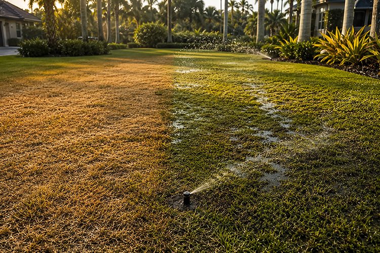 Split lawn showing underwatered yellow grass beside a sprinkler-soaked green section, demonstrating how overwatering and underwatering cause lawn discoloration