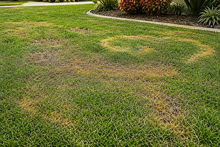 Circular yellow and brown dead patches spreading across a green Florida lawn, a common sign of lawn pest damage in Palm City