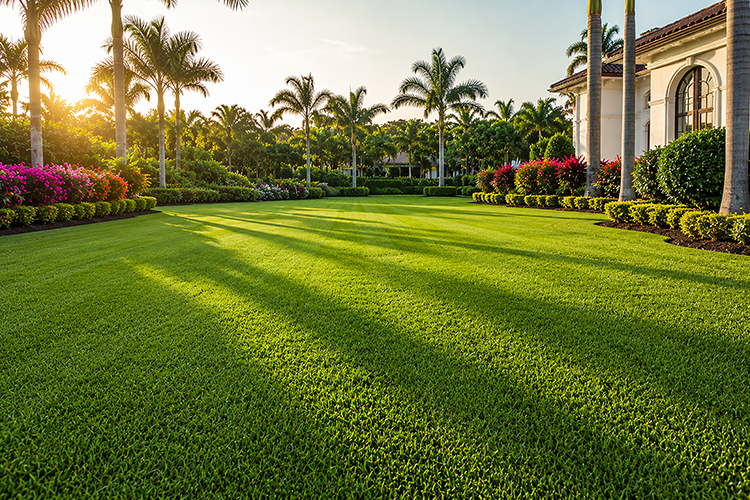 A perfectly manicured, striped green lawn with trimmed hedges and colorful landscaping at a Florida luxury estate, showcasing the results of a professional lawn renovation service