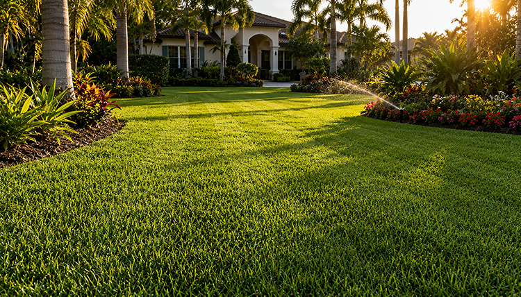 Lush, uniformly green Florida lawn at golden hour with an active sprinkler and tropical landscaping, showing the results of proper fertilization and irrigation in preventing dead spots