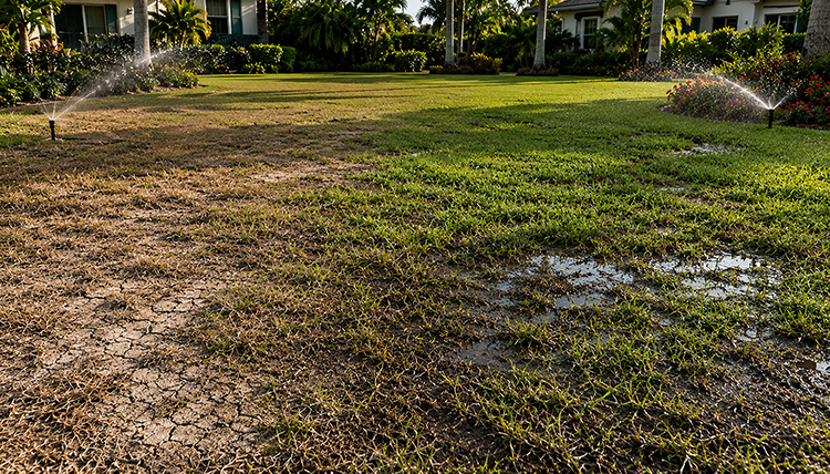 Side-by-side view of drought-cracked bare soil and overwatered soggy turf in a residential lawn, highlighting two early warning signs that lead to dead spots in grass