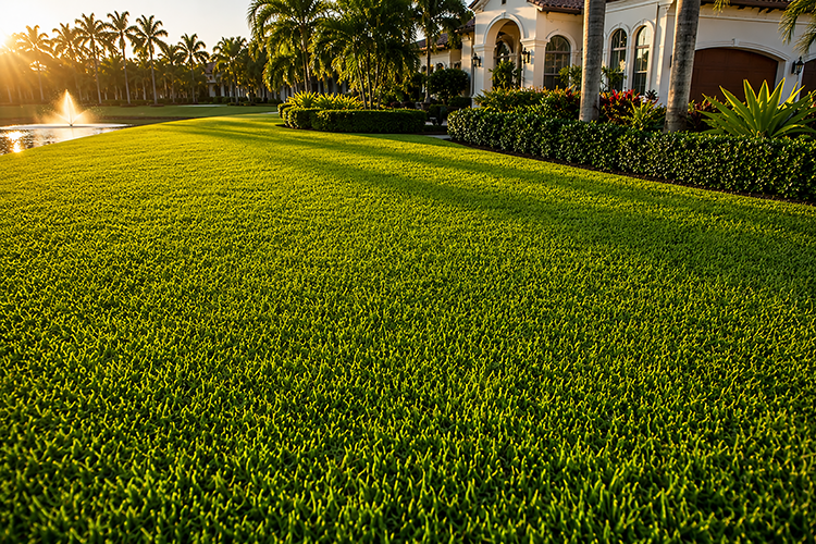 Lush, healthy green lawn in front of a Palm City home at sunset, showing the results of proper lawn maintenance and pest prevention in South Florida