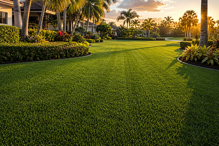 A uniformly lush, deep green Florida lawn at sunset with manicured landscape beds, showing what a properly diagnosed and maintained lawn looks like