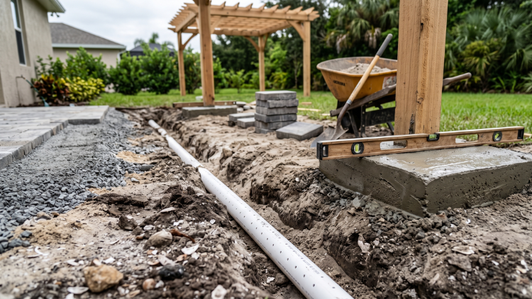 Construction site showing a drainage pipe and gravel trench being installed beneath