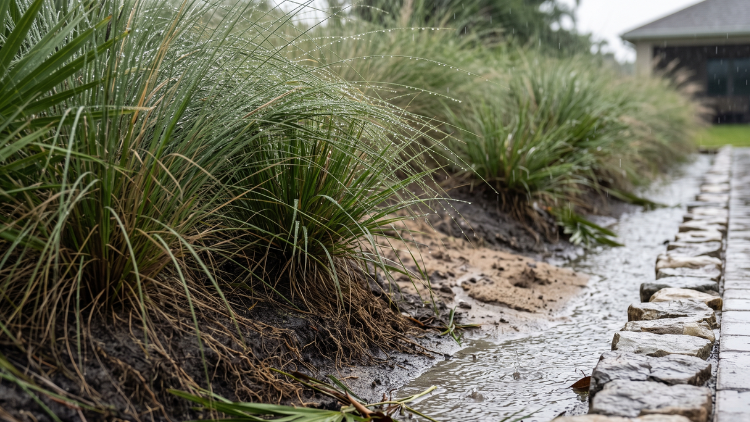 Rain-soaked native grasses lining a stone drainage edge